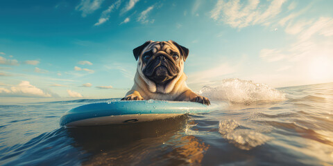 A funny pug lying on a surfboard in sea water. Creative composition of active summer sea vacation, learning to surf for beginners, water activities. - obrazy, fototapety, plakaty