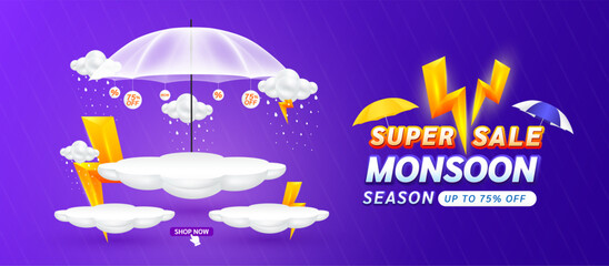 Monsoon super sale 75 percent. Yellow thunder sign on clouds. Shopping under umbrella in rain with special offer sale campaign promotion. For social media ads with blank product podium scene. Vector.