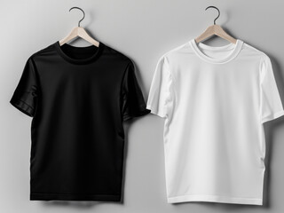 Realistic tshirt mockup | Blank black and white t-shirt on hanger, design mockup. Clear plain...