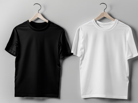 Realistic tshirt mockup | Blank black and white t-shirt on hanger, design mockup. Clear plain cotton tshirt mock up template. Apparel store logo mock branding display