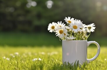 White cup with white daisies sitting on a table in a green field