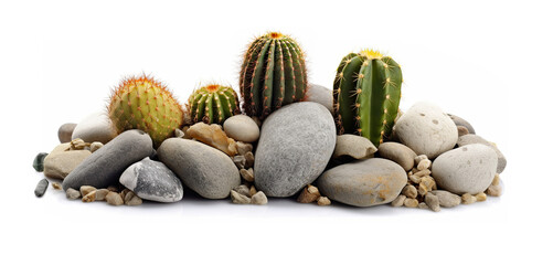 Cactuses with pebble isolated on white background.