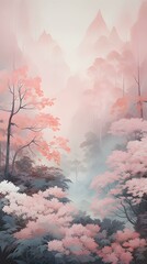 Pink pastel mystical foggy forest background phone hd wallpaper, ai generated