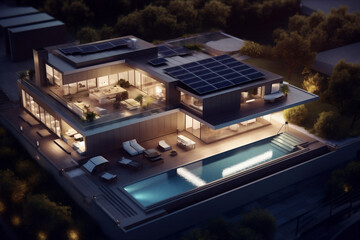 architecture design energy home modern power eco house solar panel. Generative AI.
