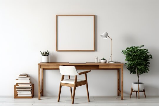 A minimal and cozy home office with wooden furnishings, a wooden table with space to arrange items, and an empty picture frame on a white wall. It is a rendering with a clean and simple design.