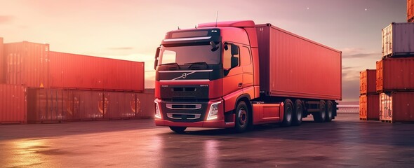Red truck on the road at sunset in industrial port.