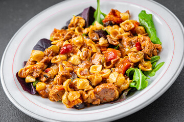 tuna pasta salad and vegetable food seafood meal food vegetables snack on the table copy space food background rustic top view