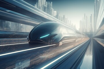 Fototapeta na wymiar High speed futuristic train with blurred background.