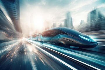 High speed futuristic train with blurred background.