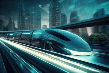 High speed futuristic train with blurred background.