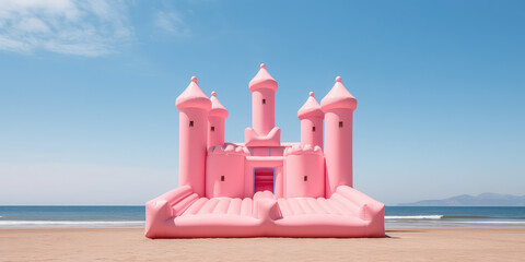 Big Inflatable Pink bounce castle on a sandy beach against blue sky, minimal style summer wallpaper, nobody. Sea beach vacation, fun activity for kids.