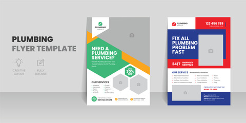 Plumbing services flyer template with professional roofing business leaflet and home repair brochure design layout