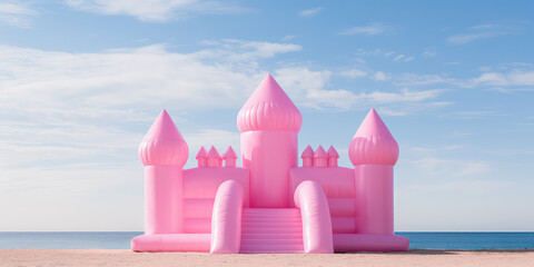 Big Inflatable Pink bounce castle on a sandy beach against blue sky, minimal style summer wallpaper, nobody. Sea beach vacation, fun activity for kids.
