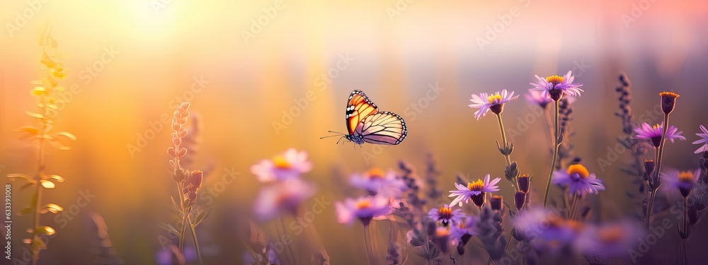 Wall mural art Beautiful summer sunset background with blooming wild lovanda flowers and flying butterflies in a sunny meadow