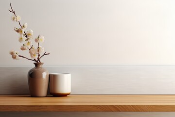 A simple and comfortable counter mockup design with a minimalist aesthetic, perfect for showcasing products. The branding is inspired by Japanese style, featuring a vibrant wooden counter and a glossy