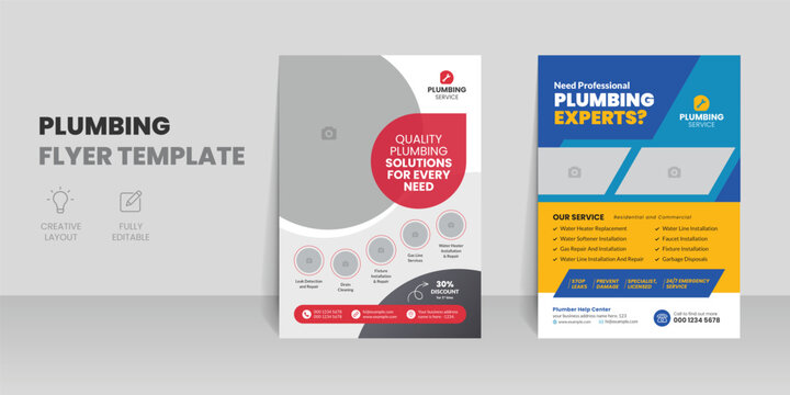 Plumbing services flyer template with professional roofing business leaflet and home repair brochure design layout