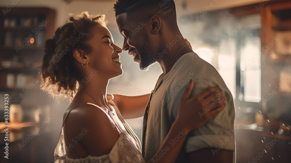 Poster young loving couple gently hugging in their home while dancing.created with generative ai technology