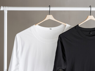 Realistic tshirt mockup | Blank black and white t-shirt on hanger, design mockup. Clear plain...