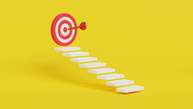 Growth step to success, visionary to see business opportunity or career path, journey to reach goal or achievement concept, dart hit the center of the target on top of the staircase. 4k 3d animation