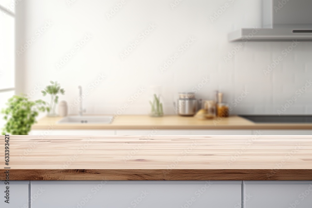 Poster a clean and bright modern kitchen interior background with a beautiful empty wood table top counter.