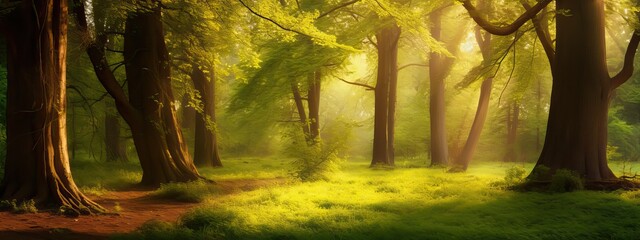 Beautiful rays of sunlight in a green summer oak forest