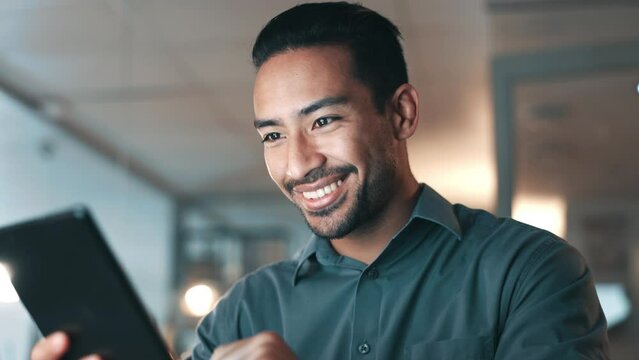 Tablet, office and business man typing digital information for details for online networking. Male professional, mobile data and cloud computing for technology update and social media design for post