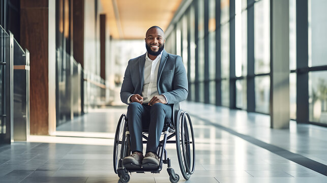 Businessman in a wheelchair in a modern office.Created with Generative AI technology. - Powered by Adobe