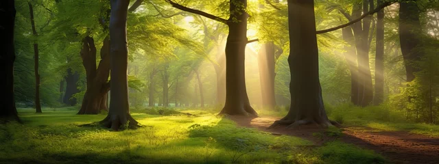 Printed roller blinds Road in forest Beautiful rays of sunlight in a green summer oak forest