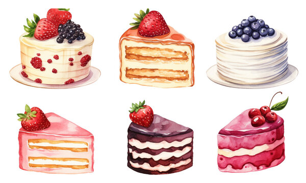 Collection of cake pieces of various flavors: strawberry, chocolate, orange, blueberry, watercolor style, transparent background.