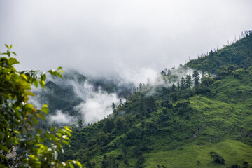 Breathtaking Green Landscape with Foggy Mountains and Waterfalls during Monsoon in Nepal