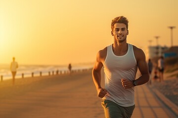Jogging workout. Young Caucasian man during jogging workout on the evening promenade.