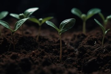 Pequeños brotes de plantas creciendo en sustrato. IA generative