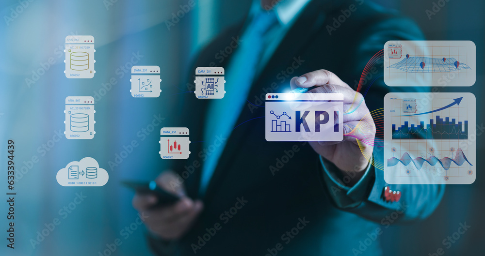 Aufkleber analytics dashboard of key performance indicator kpi using business intelligence, bi. metrics to mea