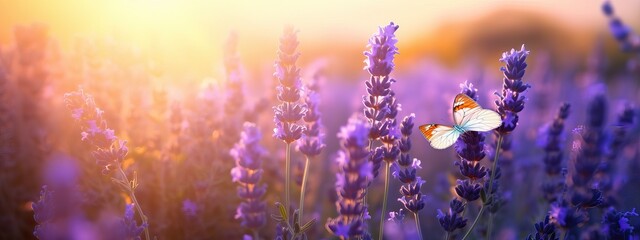 Beautiful natural pastel background. Butterfly and flower against on a background of sunrise
