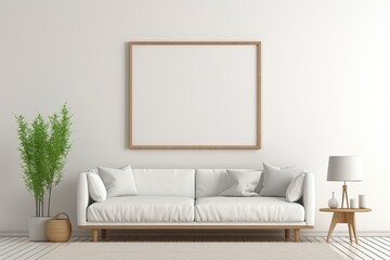Modern minimalistic living room interior design featuring a sofa, console, mock up poster frame, lamp, and trendy personal accessories. There is ample copy space available. This setup can be used as a