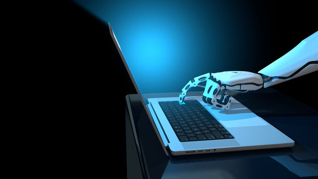 White human shaped robot hand pressing a key of an aluminum laptop with blue light on reflective blue desk. 3D Illustration