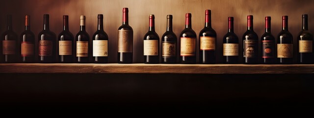 Bottles of red wine on a wooden shelf. banner background for winery, bar or shop