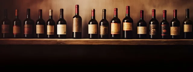 Gordijnen Bottles of red wine on a wooden shelf. banner background for winery, bar or shop © Eli Berr