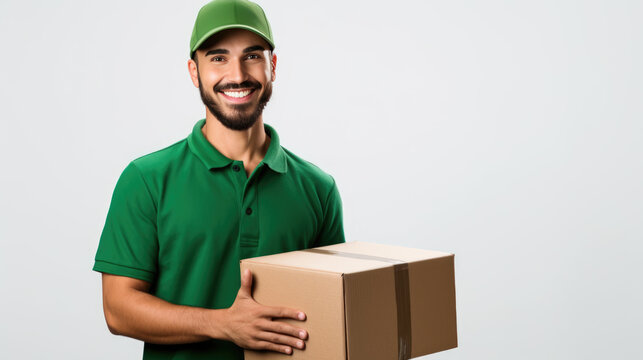 Delivery employee in green clothes holding a cardboard box with a parcel on a light background. Created with Generative AI technology.