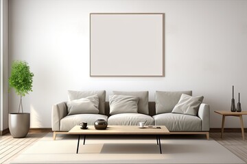 Mockup Of rendered illustration of a living room with a template poster on the wall.