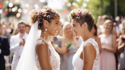 Portrait of a happy same-sex lgbt couple during their wedding. Created with Generative AI technology.