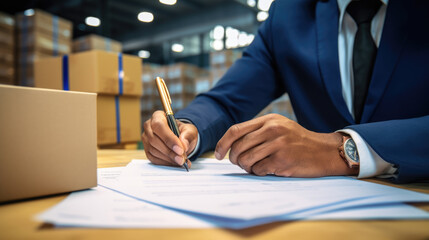Businessman in a suit signs a contract for delivery of products against the background of a logistics center. Created with Generative AI technology. - obrazy, fototapety, plakaty
