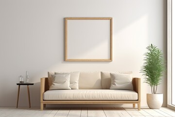 A rendering of a mockup frame is displayed in a home interior background. The frame is set against a beige room with natural wooden furniture, creating a Scandinavian Boho style.
