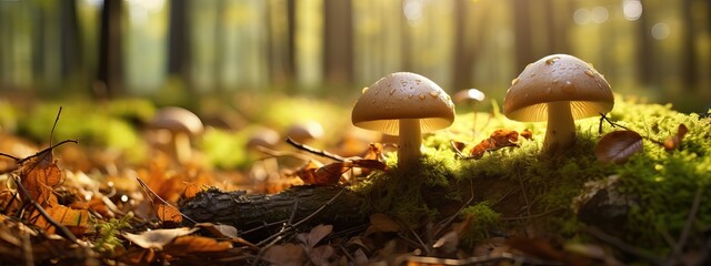 Edible cep mushrooms in a sunny autumn forest - obrazy, fototapety, plakaty