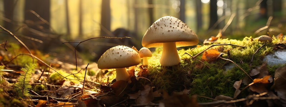 Edible cep mushrooms in a sunny autumn forest