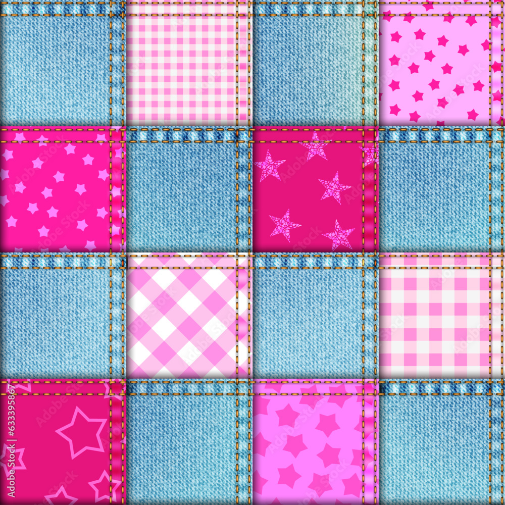 Poster textille patchwork pattern. pink and denim in barbie style. seamless vector image.