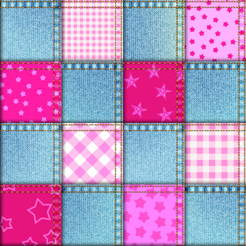 Textille patchwork pattern. Pink and denim in Barbie style. Seamless Vector image.
