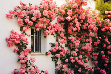 Fototapeta na wymiar Climbing roses on the wall of the house