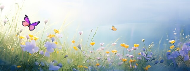 summer forest glade with flowering grass, Beautiful wild flower and butterflies on a sunny day, back lighting, high key