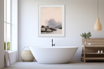 A visualization of a poster placed on a wall mockup in a serene and inviting white cozy bathroom interior.
